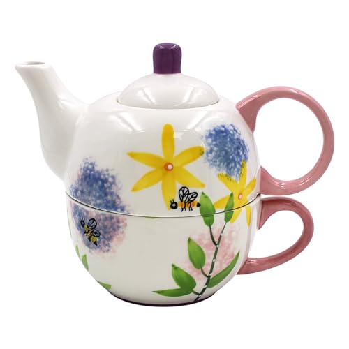 Lesser & Pavey Lynsey Johnstone Alliums & Bees Tea for One | Exquisite Ceramic Teapot and Cup Set | Charming Gift for Home and Office | Stylish Printed Teapot for Tea Aficionados