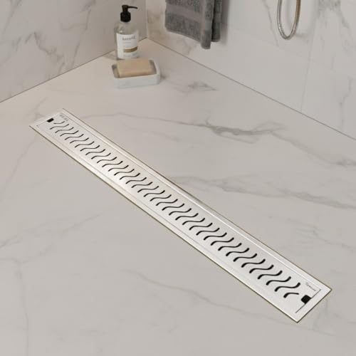 Image of Wave, 24x4 Inch Shower Drain Channel with Side Hole | 304 Stainless Steel Floor Drain Jali with Collar | Rust-Resistant Linear Shower Water Drain for Bathroom & Wet Areas