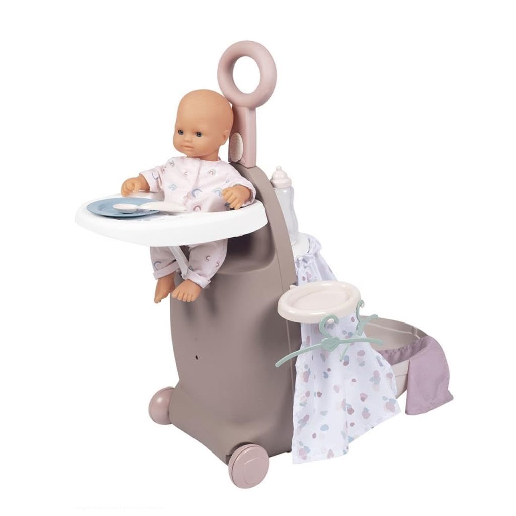 Smoby 7600220374 Baby Nurse Wielofunkcyjna walizka 3w1, łóżeczko dla lalki, krzesełko do karmienia bobasa, przenośny kontenerek na kółkach, 25,5x25,5x62 cm