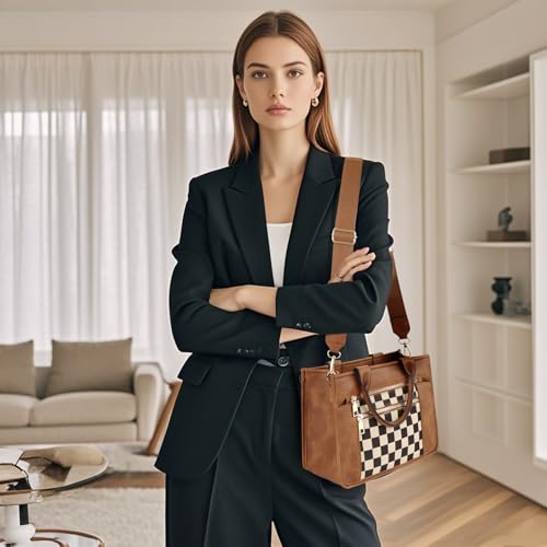 Image of WJCD Women's Tote Handbags Stylish Vegan Leather Handheld Purse for Women Plaid Striped Adjustable Strap Durable Lightweight
