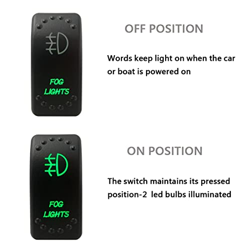 Image of Green Backlit Rocker Switch 5 Pin ON-Off Laser Etched Button Switch with Wires for Car Marine Boat UTV 20A /12V 10A /24V (Fog Lights)