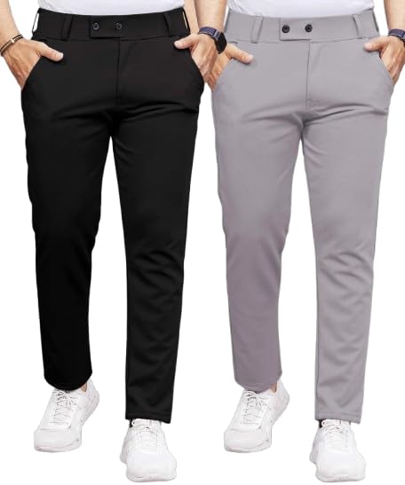 Image of Men's Slim Fit Lycra Formal Trousers Combo | Stretchable Smart Casual Pants for Office Wear | Mid-Rise Flat Front Stylish Chinos