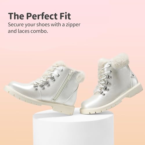 DREAM PAIRS Girls Kids Side Zipper Lace up Faux Fur Ankle Boots3