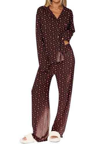 Image of Dressmine Ladies Long Sleeve Cute Pajama Sets 2 Piece Fall Outfits Button Up Pjs Set Loungewear