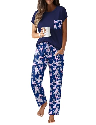 Image of Ekouaer Womens Pajama Sets 2 Pcs Short Sleeve Lounge Set with Pockets | Sleep Top with Pocket and Long Pants Comfy Pjs, suitable for Daily life, Yoga, work, home, sleeping and travel