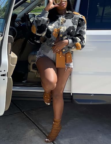 Yimoon Womens Cropped Floral Print Jacket Puff Sleeve Fleece Bomber Jacket Button Down Fall Winter Warm Outerwear3