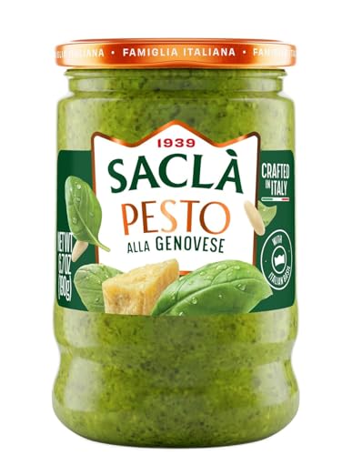 Sacla Basil Pesto Alla Genovese 6.7Oz Glass Jar | Imported From Italy | Italian Pesto Sauce Made From Italian Basil, Parmigiano Reggiano And Olive Oil | No Preservatives