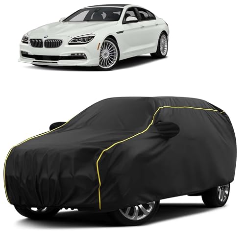 Image of Sulfar 100% Water Resistant Car Body Cover Compatible with Mirror for BMW Alpina B6 (Triple Stitched, Full Bottom Elastic, Black Taffeta with Yellow Piping)