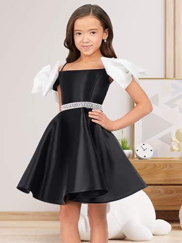 Satin Spaghetti Strap Flower Girl Dress for Wedding Beaded Bow A-line Mini Pageant Dressesfor Girls3