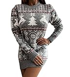 ticticlily Damen Schneeflocke Weihnachten Pullover Strick Minikleid Damen Langarm Oversize Grobstrick Pulloverkleid mit Rollkragen Schneeflocken Weihnachten Pullover für Frauen Pullover B Grau XXL