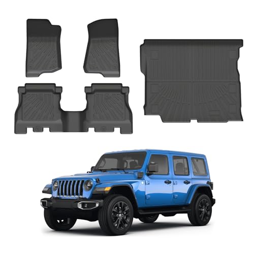 Powerty Floor Mats Cargo Liner for Jeep Wrangler JL Gas 2018-2026 2027 Unlimited 4-Door with Subwoofer (Non JK or 4XE) All Weather 3D TPE Anti-Slip Car Protection, 1st & 2nd Row Set Accessories