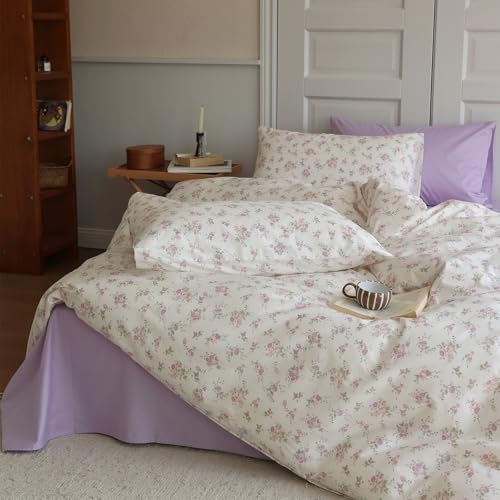 VM VOUGEMARKET Cotton Duvet Cover with Purple Flower Blooming Pattern Garden Floral Bedding Set Cottagecore Botanical Comforter Cover for Girls Women(3 pcs,Queen)