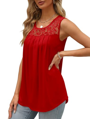 Image of Saloogoe Summer Tank Tops for Women Loose Fit Pleated Tunics Scoop Neck Sleeveless Lace Tops Curved Hem Flowy