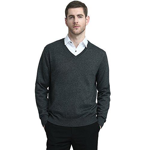 Kallspin Men's Cashmere Wool Blend Relax Fit V Neck Pullover Sweater (Charcoal, 2X-Large) #TOP2