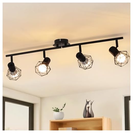 Glitzerlife lámpara de techo 4 Focos de techo de llama lámpara de techo negro retro E14 rotación industrial 350 ° lámpara de techo Matt Metal Sala de estar interior Sala de estar juvenil cocina