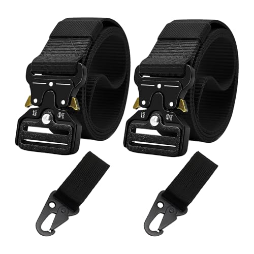 tiyiyok 2 Unidades de Cinturón Táctico Hombre, Cinturón Militar Hombre, Cinturones Tácticos de Nailon, Ajustable 3,8x120 cm, Incluye 2 Hebillas Multifunción, Estilo Táctico Militar, Negro