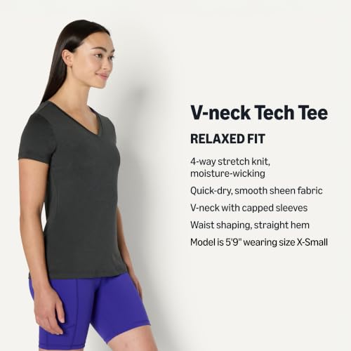 Image of Amazon Essentials Women's Active Quick Dry Tech Stretch Short-Sleeve V-Neck T-Shirt, Moisture-Wicking, Pack of 2, Heather Graphite / Black, X-Large