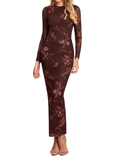 KUTUMAI Women Long Sleeve Floral Bodycon Maxi Dress 2025 Fall Elegant Mesh Formal Wedding Guest Cocktail Dresses