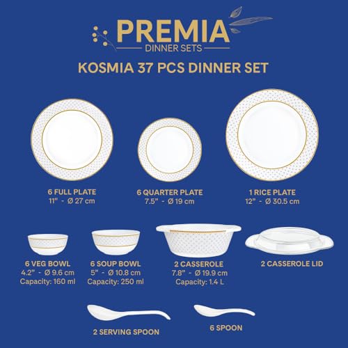 Image of Larah by Borosil 37pc Opalware Kosmia Dinner Set for Family of 6 | Microwave & Dishwasher Safe Crockery Set for Dining & Gifting | Plates & Bowls