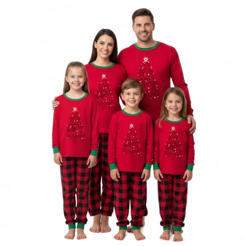 TOSZOLY Pijama Navidad Familia, Pijama Natal Familia con Estampado de Arbol de Navidad, Ropa de Dormir Larga Camiseta Roja con Pantalón a Cuadros Rojos y Negros para Mujeres, Hombres, Niños, 150
