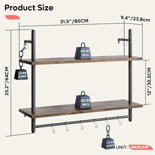 Bestier Industrial Pipe Wall Shelf, 80cm Floating Shelves with Towel Bar and Hooks, Rustic Wall-Mounted Storage Rack for Kitchen, Bathroom, Coffee Bar or Living Room (Rustic Brown) - Image 2