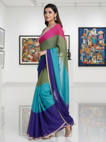Image of AKHILAM Women's Multicolored Organza Colorblocked Printed Saree With Unstitched Blouse Piece (ALIA1014 AI)