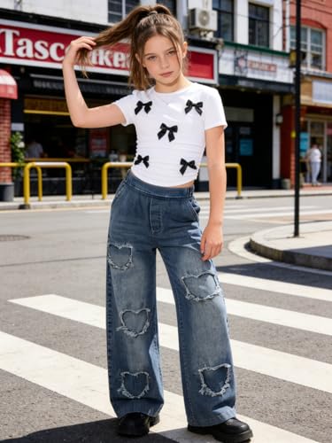 Image of Size 7-14 Years Girls 2 Piece Outfits Bow Short-Sleeved Top and Jeans Pants Clothing Set
