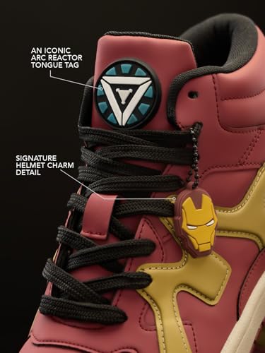 Image of The Souled Store Iron Man: Arc Reactor Men and Boys High Top Sneakers Maroon and Gold Streetwear Smooth Synthetic Cushioned Midsole Red Rubber Sole Lace Up Closure Padded Ankle Collar
