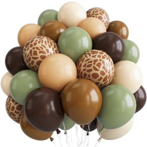 Image of Sage Green and Brown Fall Balloons for Safari Baby Shower Party Decorations | 12inch Olive Green Beige Brown Nude Deer Print Animal Latex Balloons for Fall Woodland Jungle Wild One Birthday Party Decor
