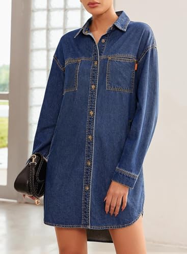 Sidefeel Women's Collared Denim Dress Casual Long Sleeve Button Down Jean Shirt Dresses with Pockets3