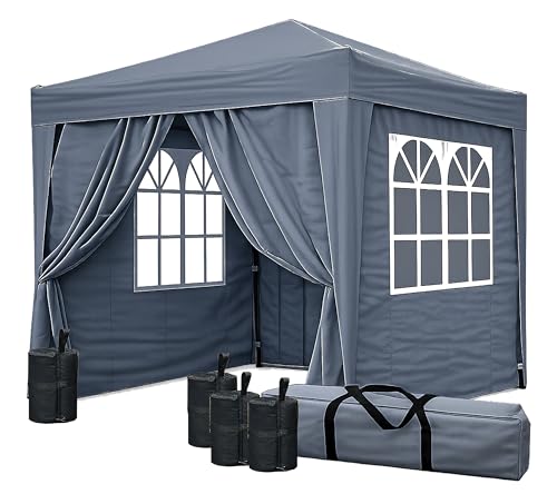 Faltpavillon 2,5 x 2,5 m Smoky Grau mit 4 Fußgewichten, 4 Easy-Klett Seitenwände...