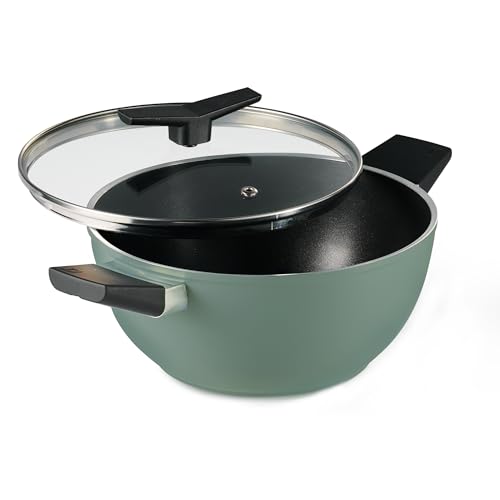 Image of TRAMONTINA Aura Extra Deep 28cm Kadai with Lid, 5.6L | Reinforced Ceramic Non-Stick Cookware | Quick & Even Heating | Low-Oil Cooking | Bakelite Handle | All Cooktop Compatible | Sea Green