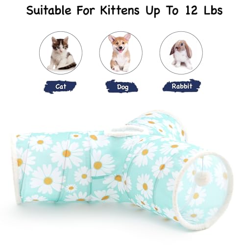 Image of Tempcore Cat Tunnel for Indoor Cats, 3 Way Collapsible Pet Play Tunnel with Teaser Wand, Peek Holes & Hanging Ball, Interactive Tube for Kittens & Rabbits, Daisy Blue Printed