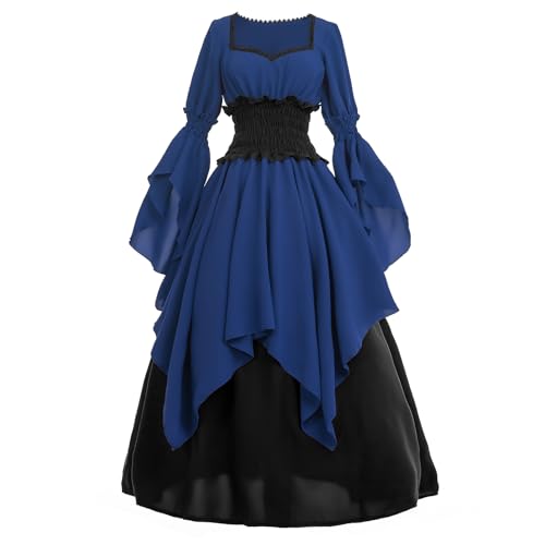 LTAKK Renaissance Dress Medieval Costume Victorian Dresses Women Gothic Fairy Witch Wedding Dress, Royal Blue, XL