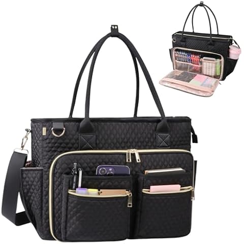 SIYNPAV Teacher Tote Bag with 15.6 inch Laptop Compartment, Large Work Tote Bag with Insulated Pocket, Quilted Nylon Teacher Utility Bag with Shoulder Strap for Office Supplies Organizer Women (Black) Cover