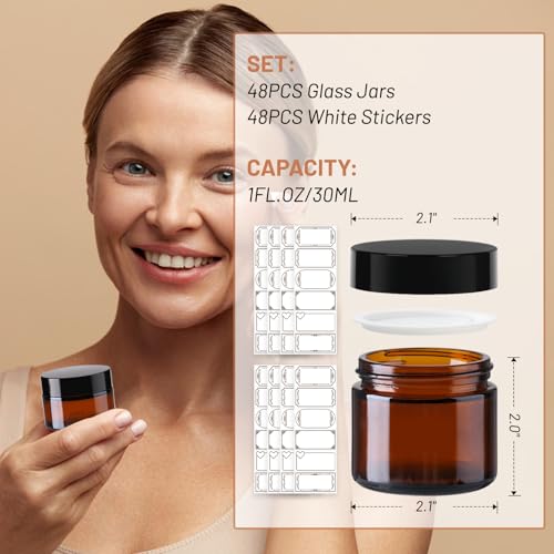 AuroTrends 1 oz Glass Jars with Lids 48Pack- Mini Amber Glass Jar/Cosmetic Containers with UV Protection,Travel Labels (30ml, Set of 48) 5