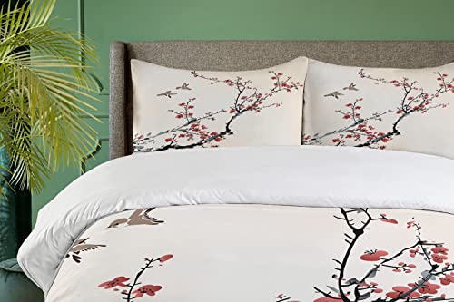 Ambesonne Nature Duvet Cover Set, Flowers Buds And Birds With Cherry Branches Style Art Painting Effect, Decorative 2 Piece Bedding Set With 1 Pillow Sham, Twin Size, Burgundy Black #TOP2