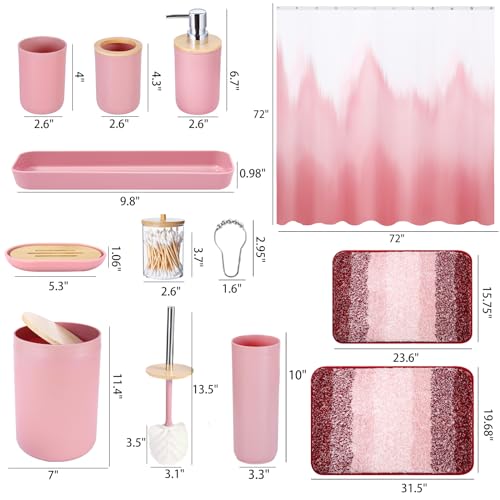 iMucci Bathroom Accessories Pink Bathroom Sets with Shower Curtain and Rug, Pink Ombre Waterproof Shower Curtain with Ultra Absorbent Rug Bathroom Accessories Set for Home Decor - Image 3
