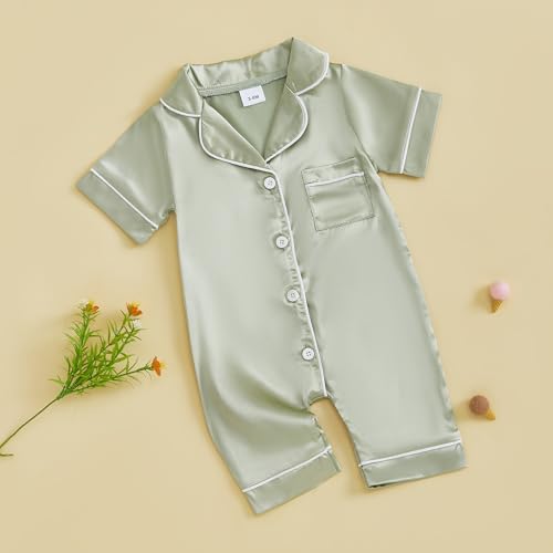 MAINESAKA ​Baby Girl Boy Satin Romper Pajamas Short Sleeve Lapel Button Down Silk Jumpsuit Pjs Infant One Piece Sleepwear3
