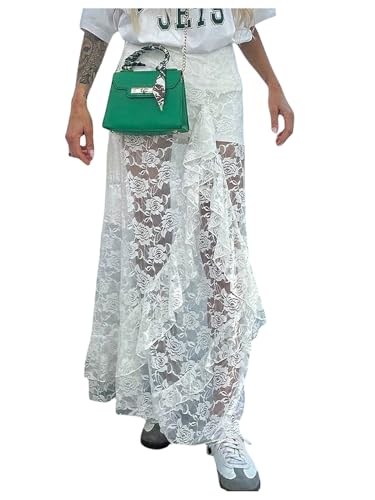 GORGLITTER Women's Y2k Lace Ruffle Sheer Long Skirt Mesh Asymmetrical Flowy High Waisted Maxi Skirts