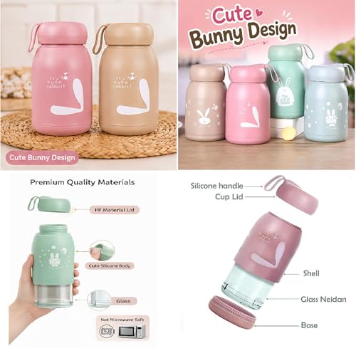 Image of TRADY Cute Bunny Glass Water Bottle for Kids & Girls - 300ml Portable Leak Proof Bottle with Silicone Cover | Small Size Travel Juice Milk Bottle | BPA Free, Durable, Kawaii Design (pack of 2)