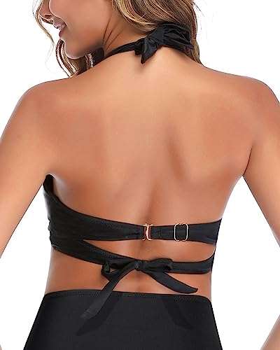 Tempt Me K191014-B-L Women Black Bikini Top Push Up Swim Top Halter Retro Bathing Suit Top Padded Swimsuit Top Only L thumb #1