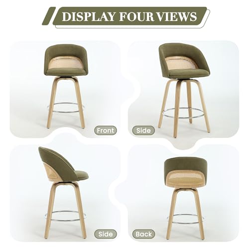 Butacos EALSON, Set de 2 Butacos Giratorios de Bar de 26", con Respaldo de Ratán, Tapizados en Chenilla Moderna, Patas de Madera y Reposapiés Plateado para Isla de Cocina o Sala de Estar, Verde miniatura 7