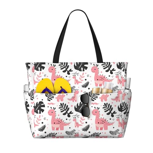 Large Beach Bags for Women Sandproof - Dinosaur Palm Leaves Print Summer Work Travel Tote Bags with Zipper