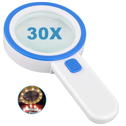 Lupa con 12 luces LED, lente de vidrio doble de 30X, lupa de lectura iluminada de mano para personas mayores, lectura, monedas, sellos, mapa, inspección, degeneración macular (azul)