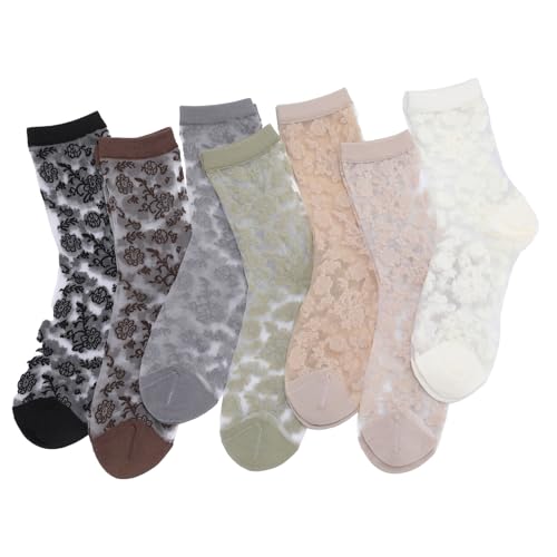 scenicamp 7 Pairs Flower Sheer Ankle Socks for Women Lace Solid