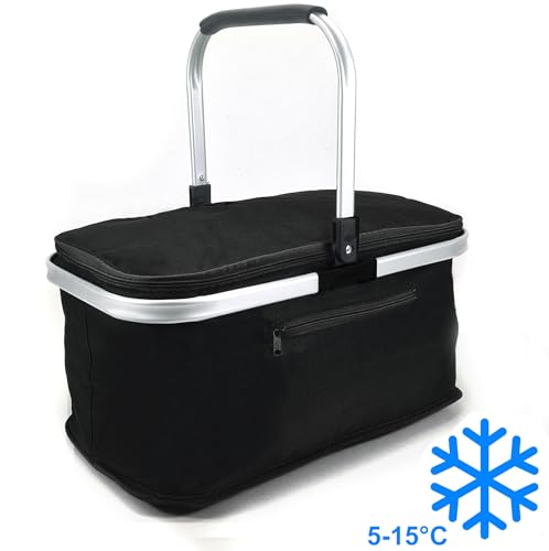 24L Einkaufskorb Groß Isolierkorb Kühlkorb Kühltasche Picknickkorb Thermotasche Kühltasche Thermo Tasche Kühlbox Einkaufskörbe (Schwarz)