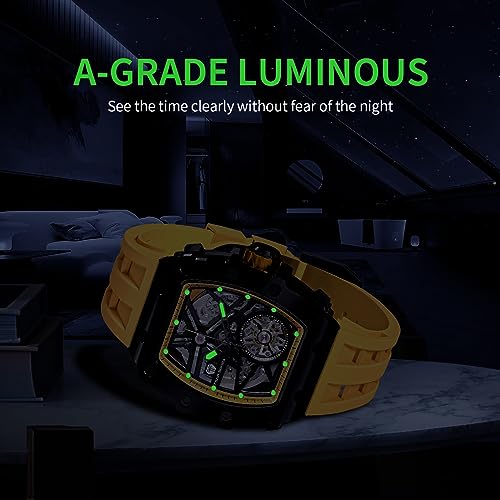 Image of TSAR BOMBA Men's Automatic Watch Tonneau Luxury Skeleton Watches for Men Mechanical 50M Waterproof Analogue Watches Mens Unique Cool Square Big Face Dial Wristwatch with Silicone Strap Band