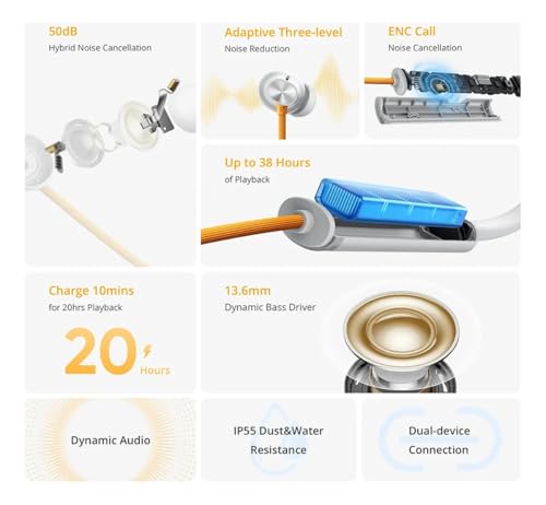 Image of realme Buds Wireless 5 ANC in Ear Bluetooth Headphones, 50dB ANC, 13.6mm Dynamic Bass Driver, 360 Spatial Audio, 45ms Low Latency, Upto 38hrs Playback, IP55 Rating, Dual Device Connection (Black)