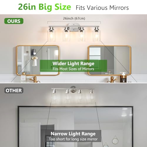 Image of Ascher 4-Light Bathroom Light Fixtures, Modern Vanity Lights with Clear Glass Shade, Brushed Nickel Wall Lamp for Bathroom Mirror Hallway Cabinet Porch